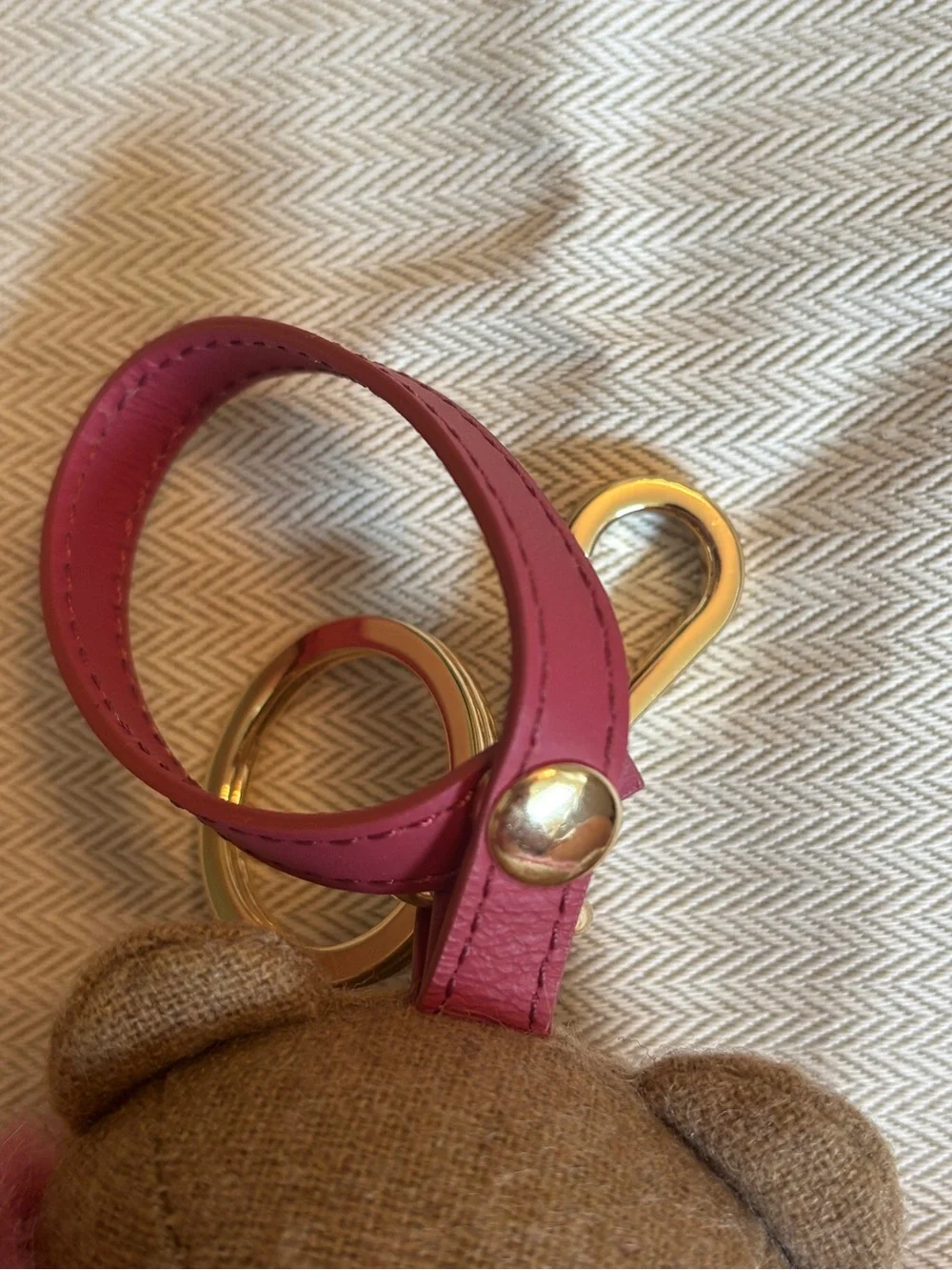 MaxMara Brown Bear Bag Charm with Pink Wool Fur Coat and Gold Hardware